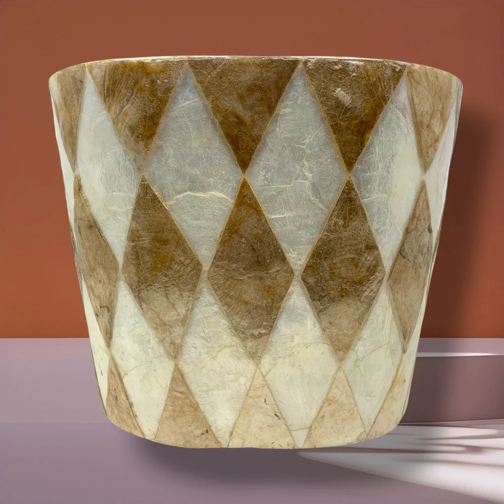 Natural Capiz Shell Harlequin Wastebasket Trash Can Coastal Organic Modern